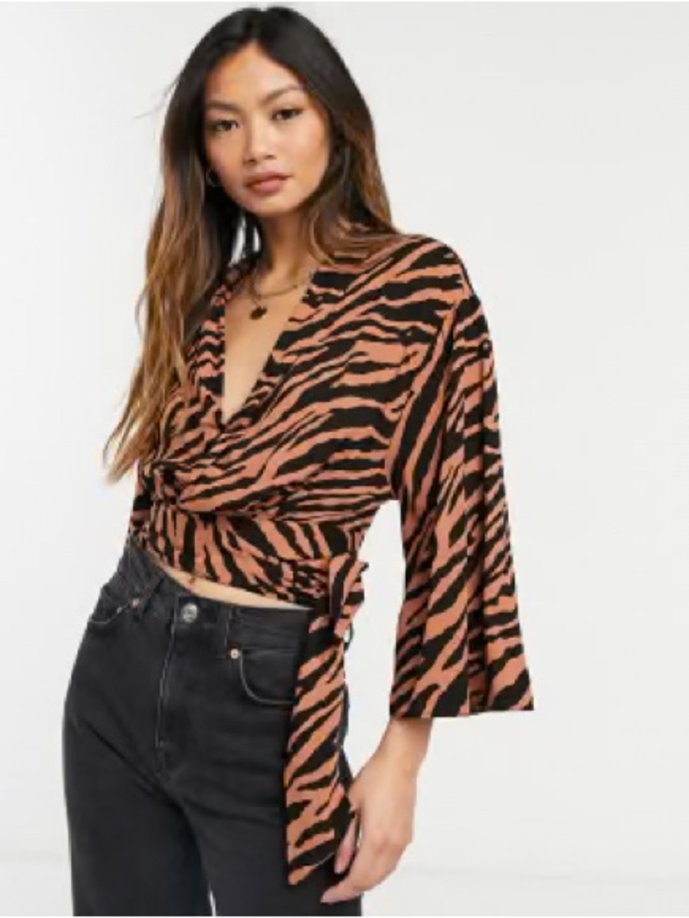 ASOS Tiger Stripe Wrap Top in Brown and Black 0